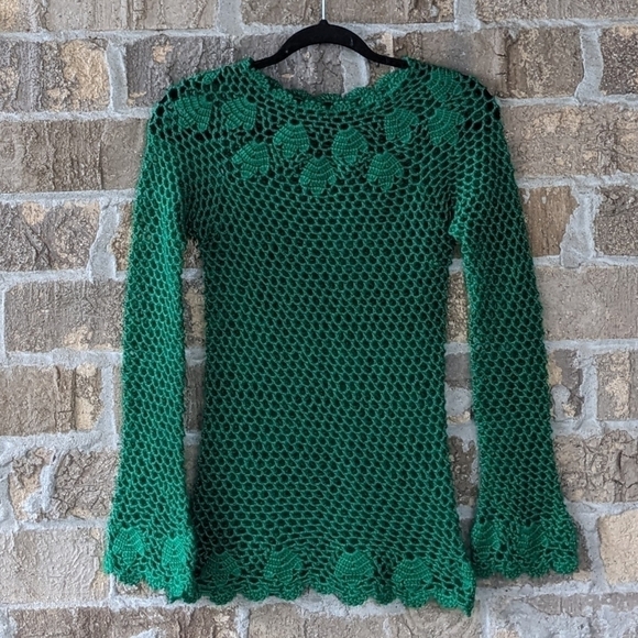Vintage Hand Made Crochet Kelly Green Bell Sleeve Sweater XXS - Picture 5 of 5